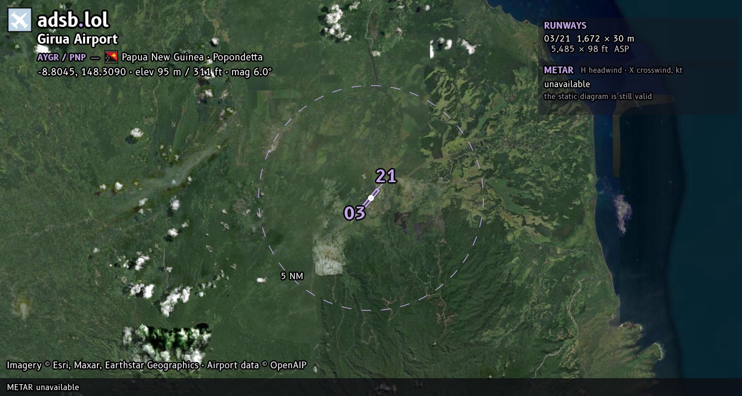 Satellite map with the runway layout of Girua Airport (AYGR)
