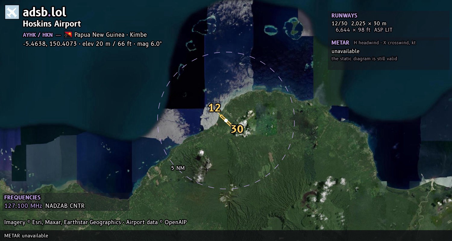 Satellite map with the runway layout of Hoskins Airport (AYHK)