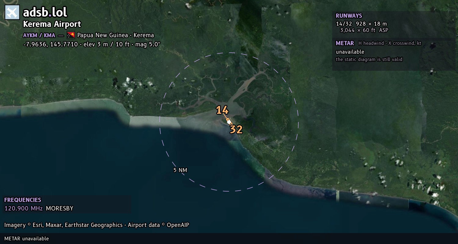Satellite map with the runway layout of Kerema Airport (AYKM)