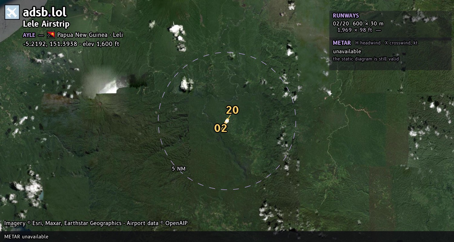 Satellite map with the runway layout of Lele Airstrip (AYLE)