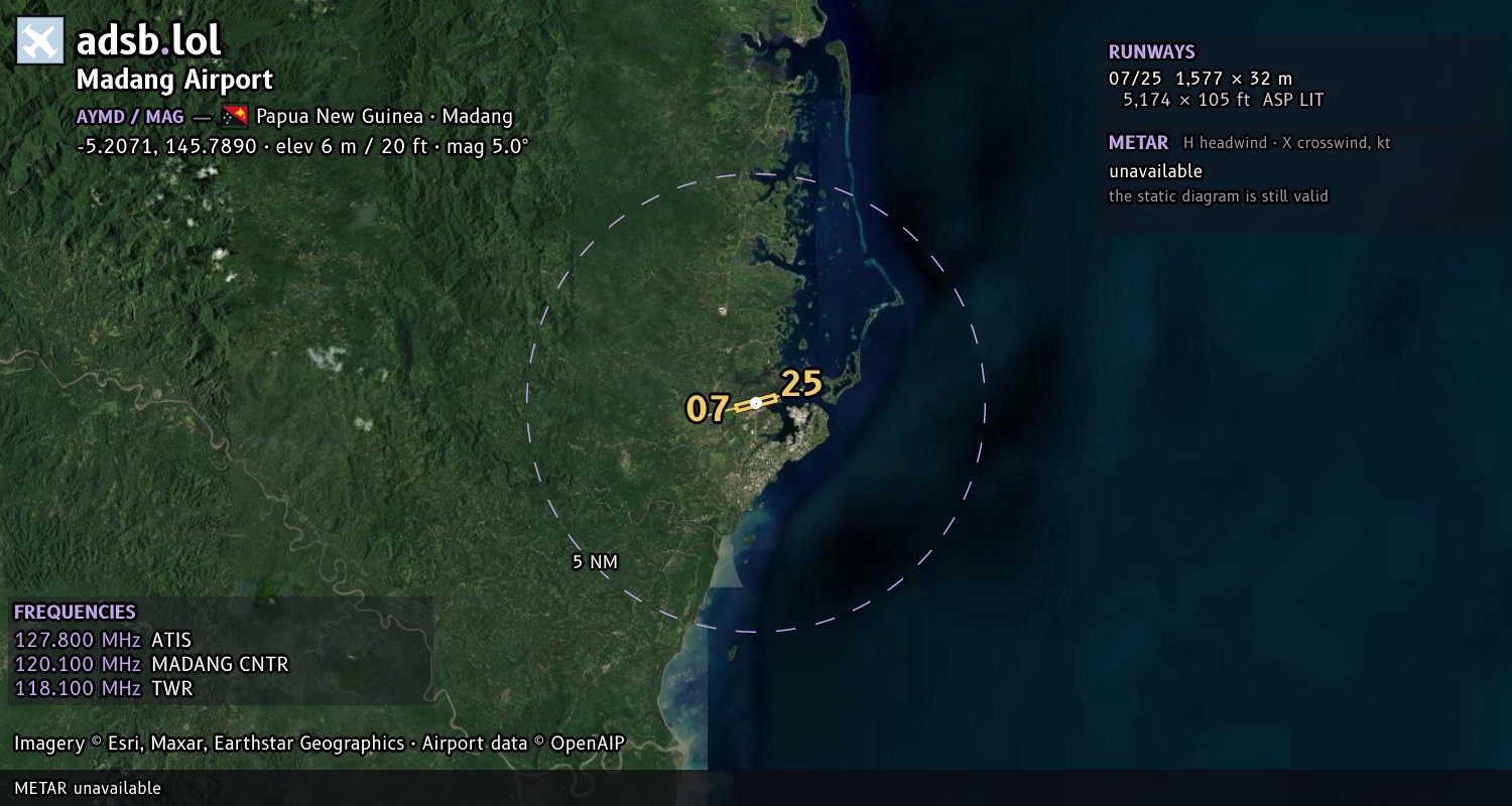 Satellite map with the runway layout of Madang Airport (AYMD)