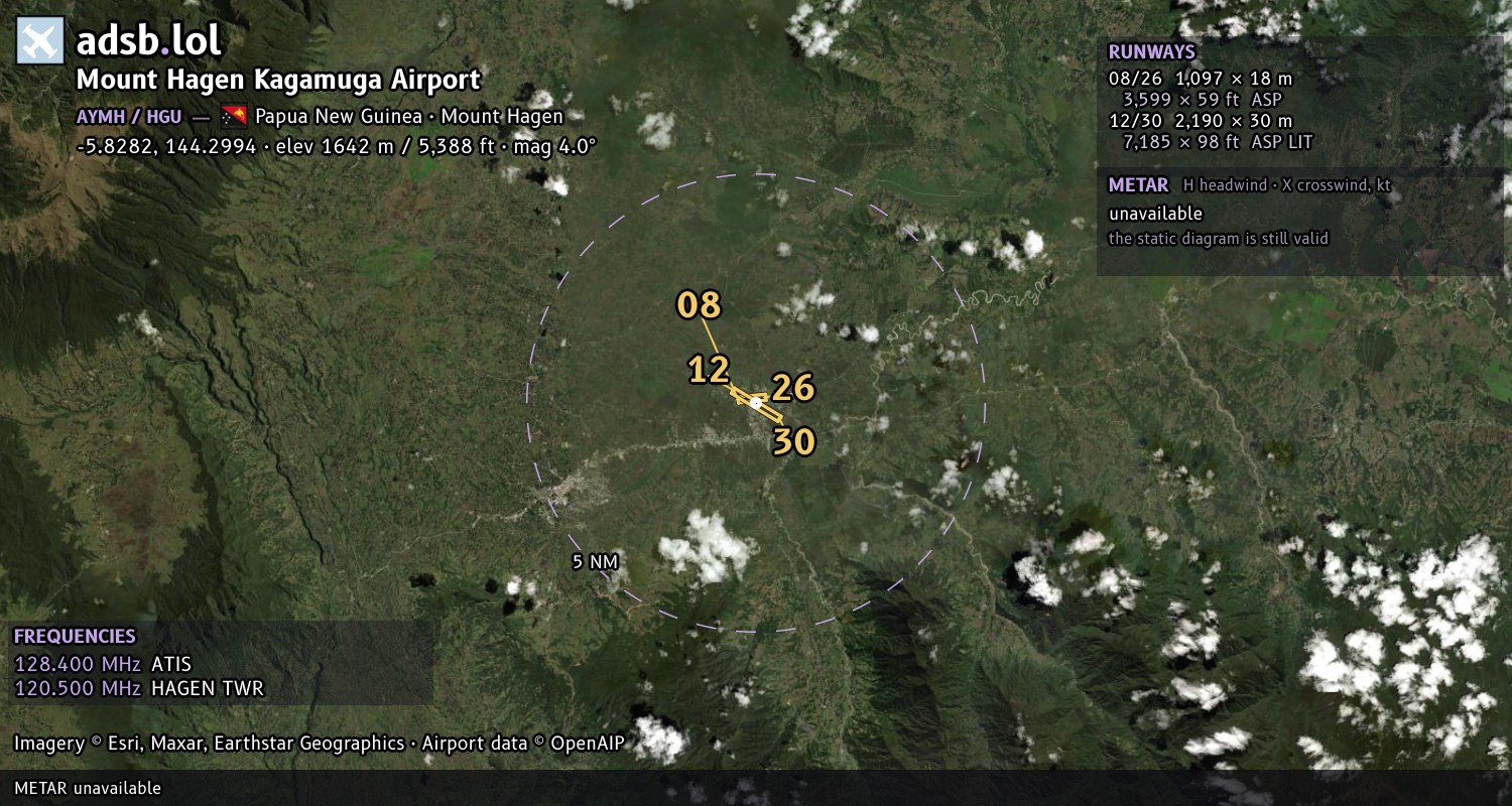 Satellite map with the runway layout of Mount Hagen Kagamuga Airport (AYMH)