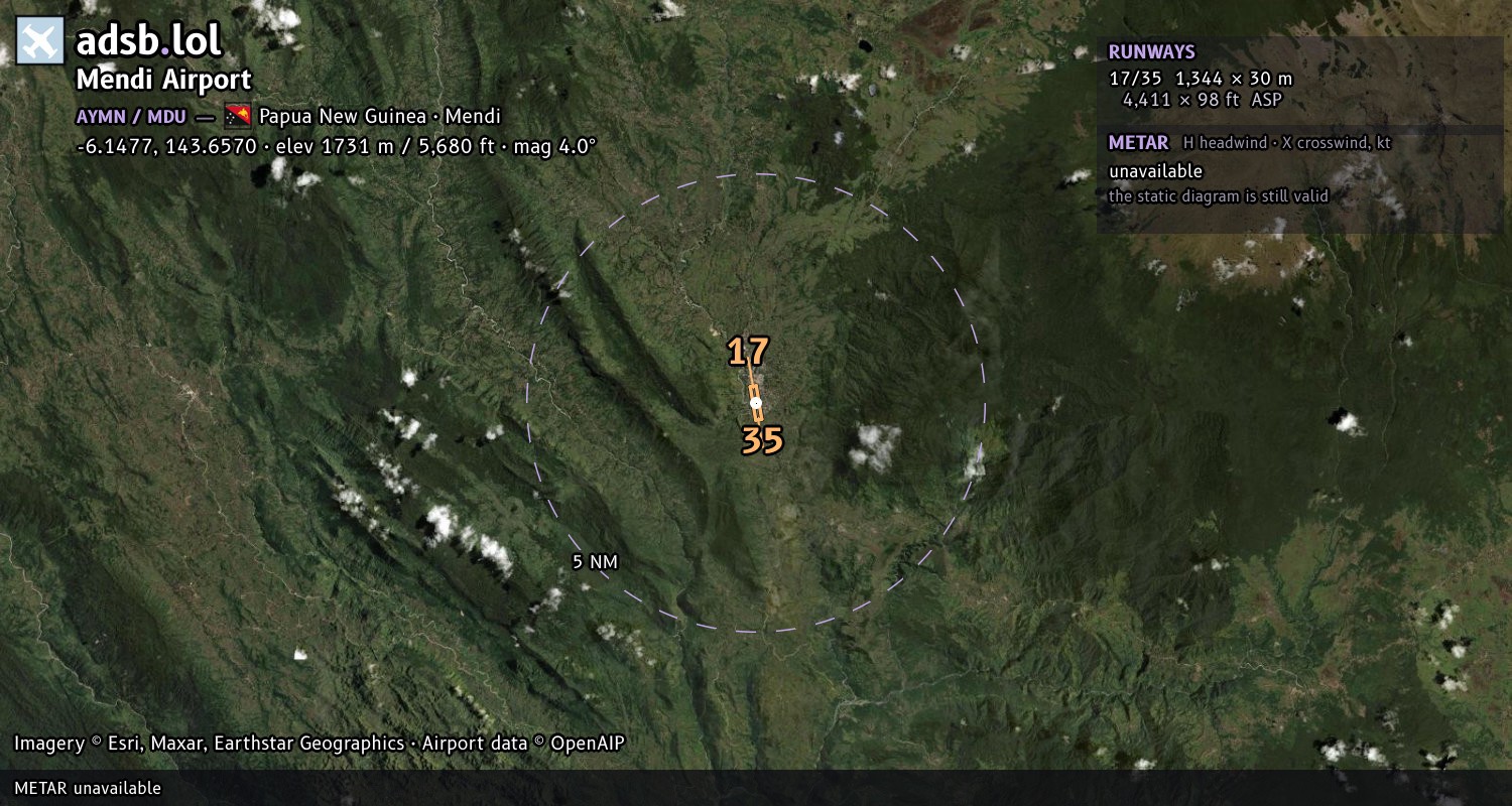 Satellite map with the runway layout of Mendi Airport (AYMN)