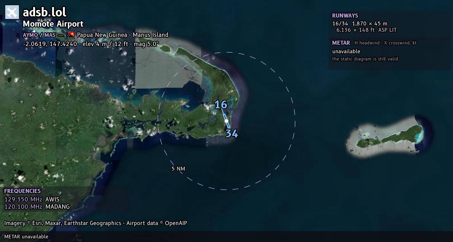 Satellite map with the runway layout of Momote Airport (AYMO)