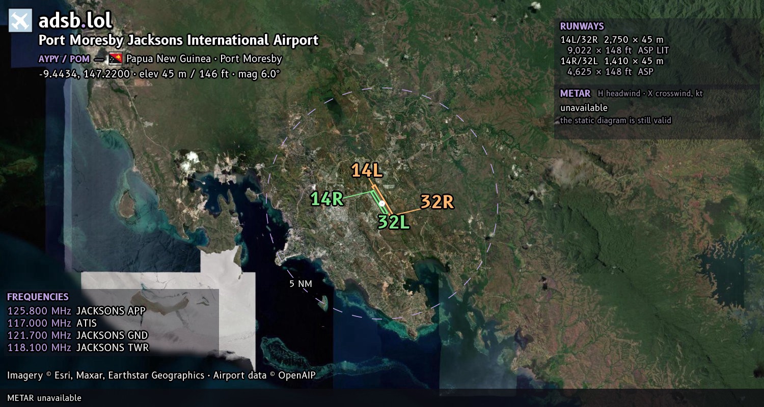 Satellite map with the runway layout of Port Moresby Jacksons International Airport (AYPY)