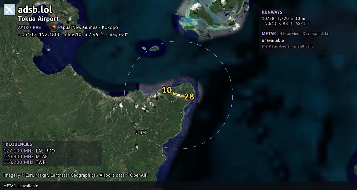 Satellite map with the runway layout of Tokua Airport (AYTK)
