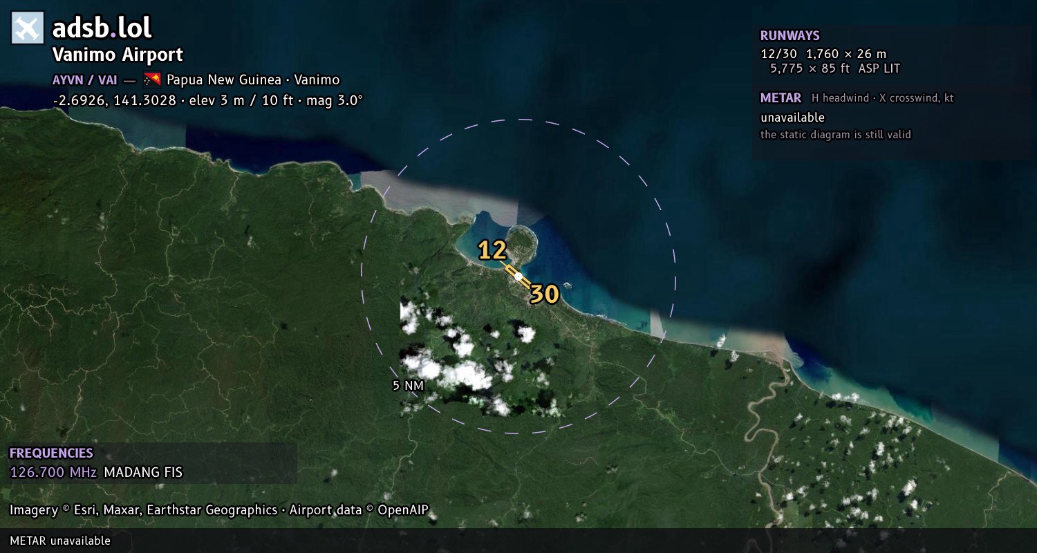 Satellite map with the runway layout of Vanimo Airport (AYVN)