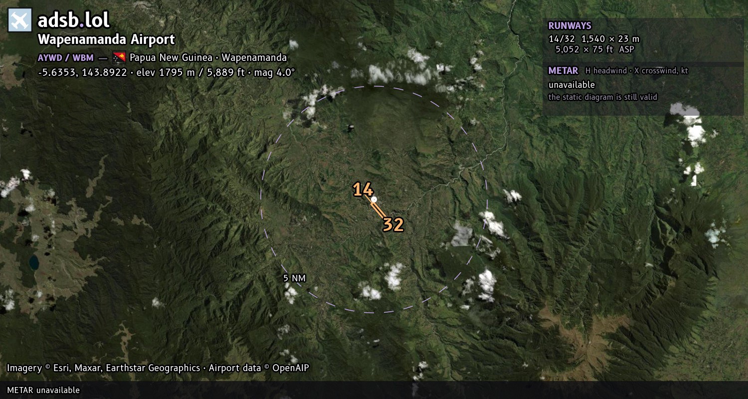 Satellite map with the runway layout of Wapenamanda Airport (AYWD)