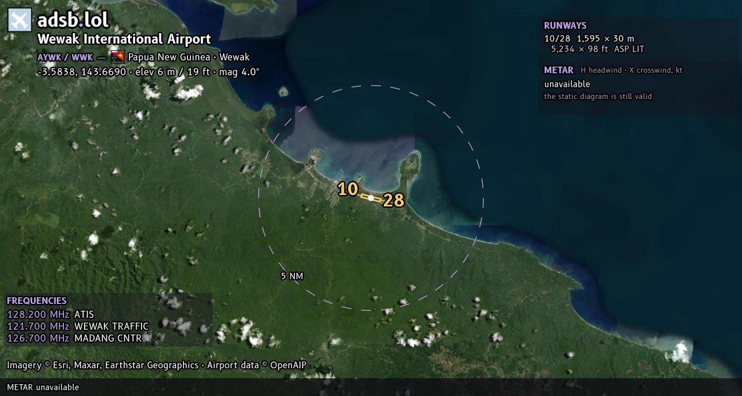 Satellite map with the runway layout of Wewak International Airport (AYWK)