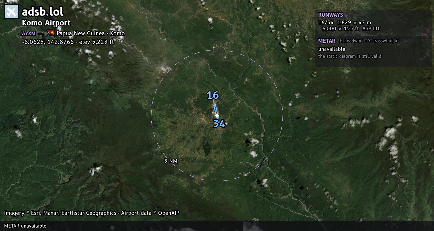 Satellite map with the runway layout of Komo Airport (AYXM)