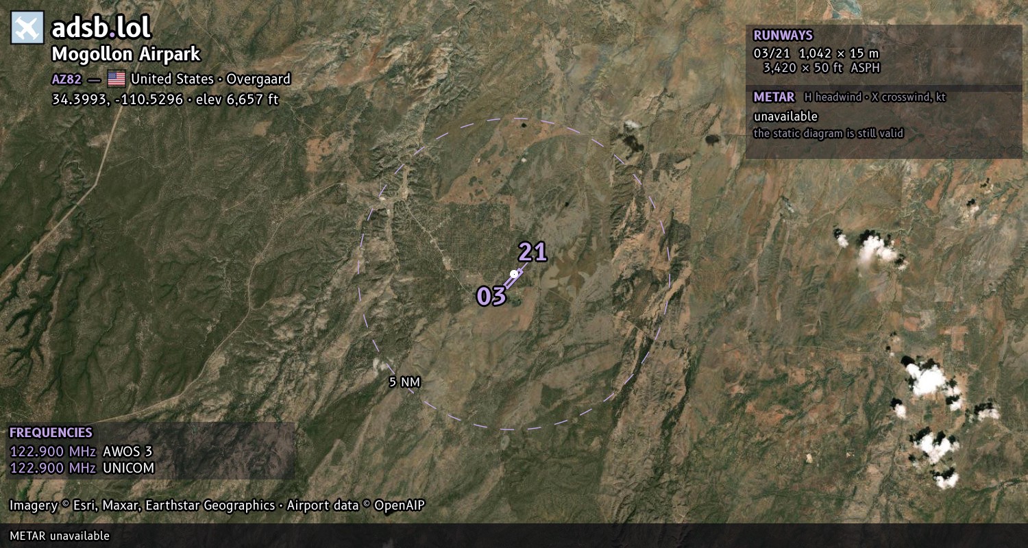 Satellite map with the runway layout of Mogollon Airpark (AZ82)