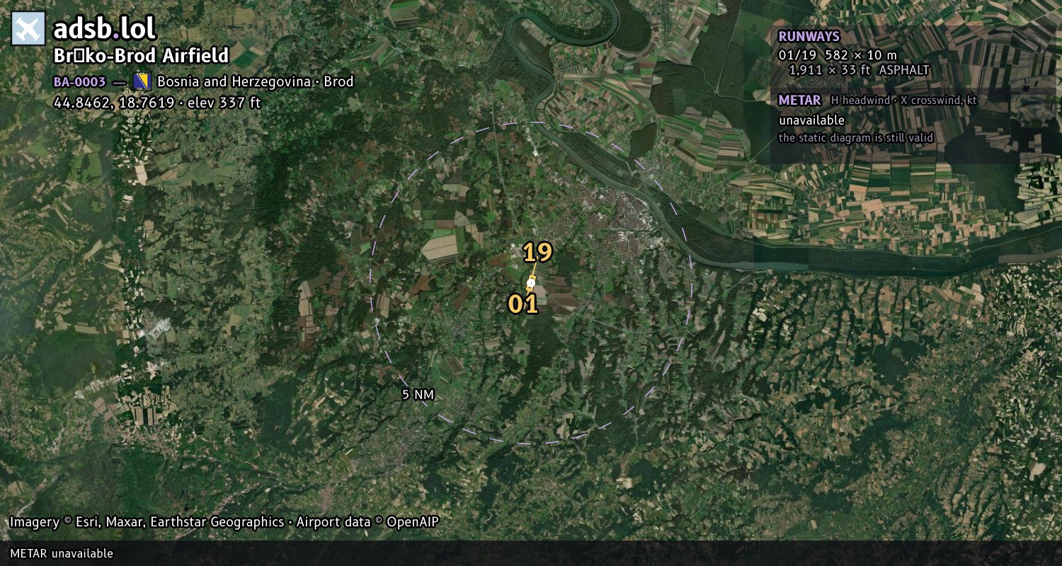 Satellite map with the runway layout of Brčko-Brod Airfield (BA-0003)