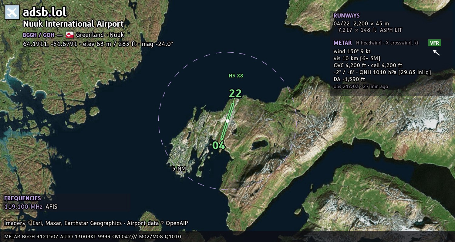 Satellite map with the runway layout of Nuuk International Airport (BGGH)