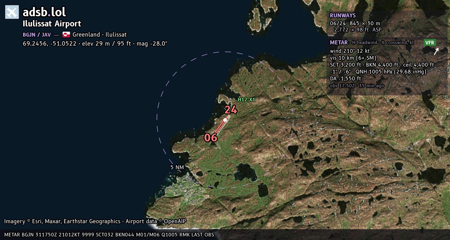 Satellite map with the runway layout of Ilulissat Airport (BGJN)