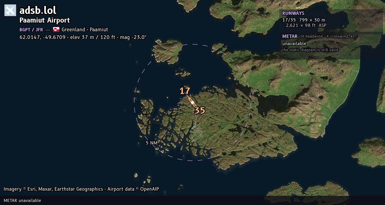 Satellite map with the runway layout of Paamiut Airport (BGPT)