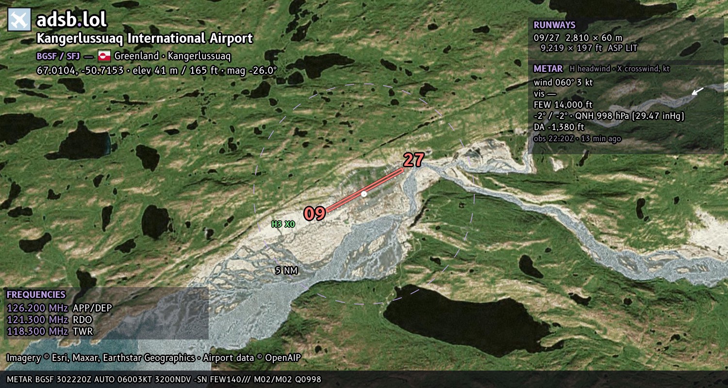 Satellite map with the runway layout of Kangerlussuaq International Airport (BGSF)
