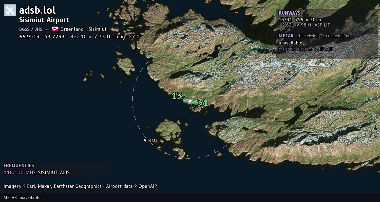 Satellite map with the runway layout of Sisimiut Airport (BGSS)