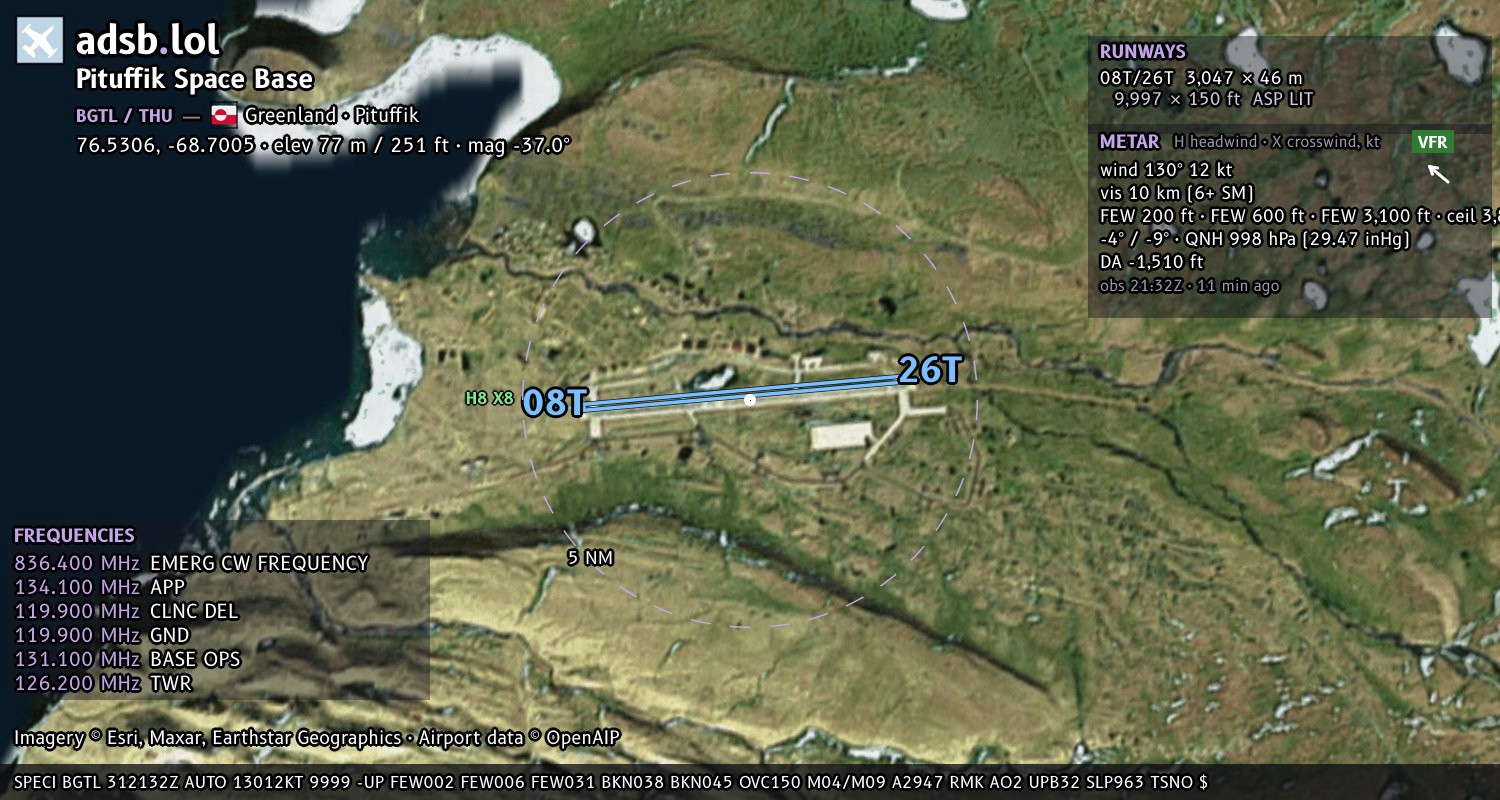 Satellite map with the runway layout of Pituffik Space Base (BGTL)