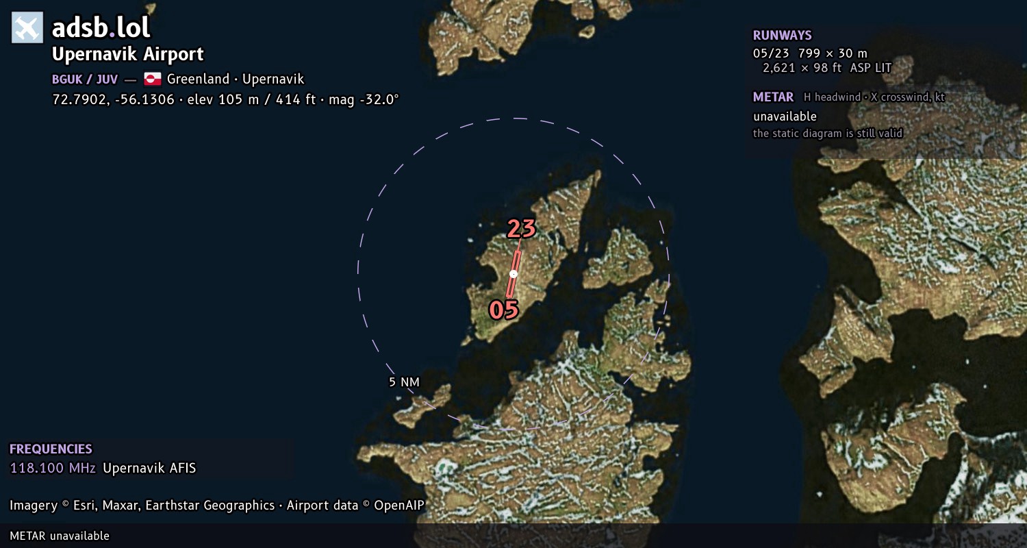 Satellite map with the runway layout of Upernavik Airport (BGUK)