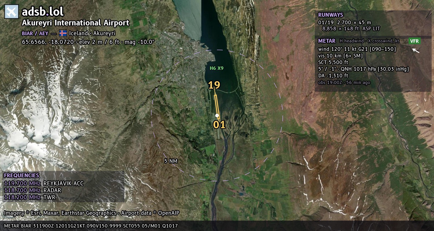 Satellite map with the runway layout of Akureyri International Airport (BIAR)