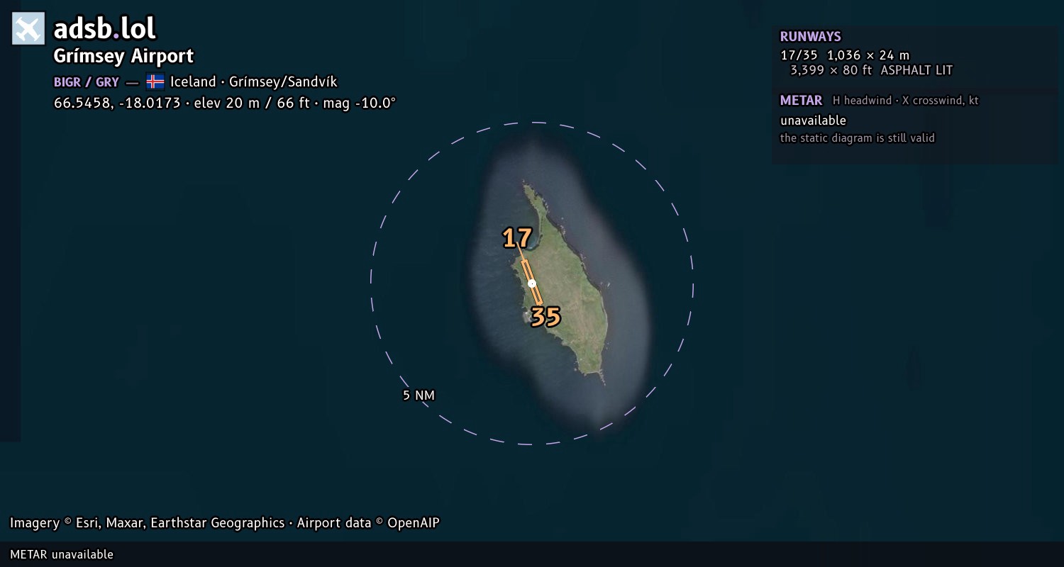 Satellite map with the runway layout of Grímsey Airport (BIGR)