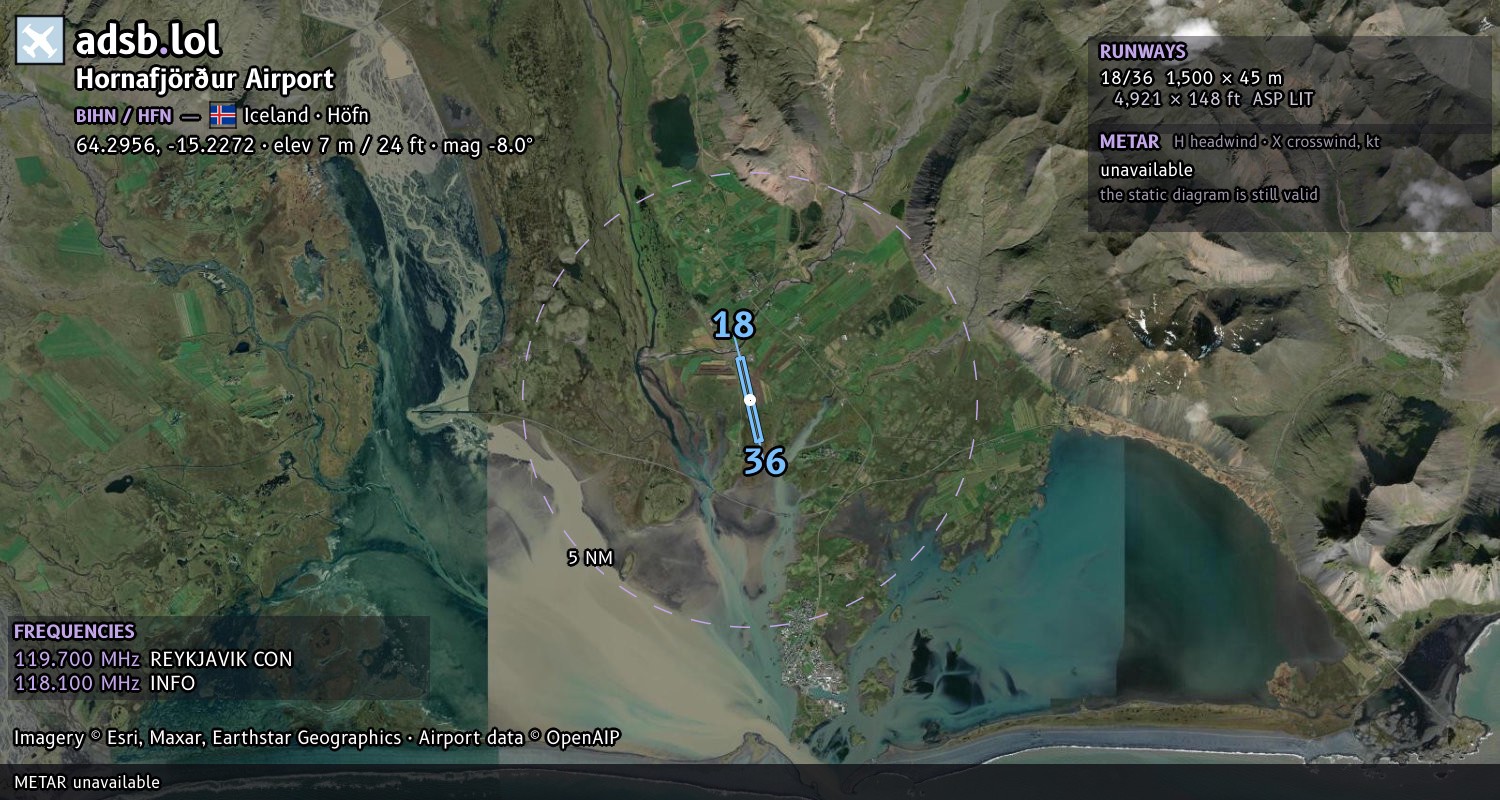 Satellite map with the runway layout of Hornafjörður Airport (BIHN)