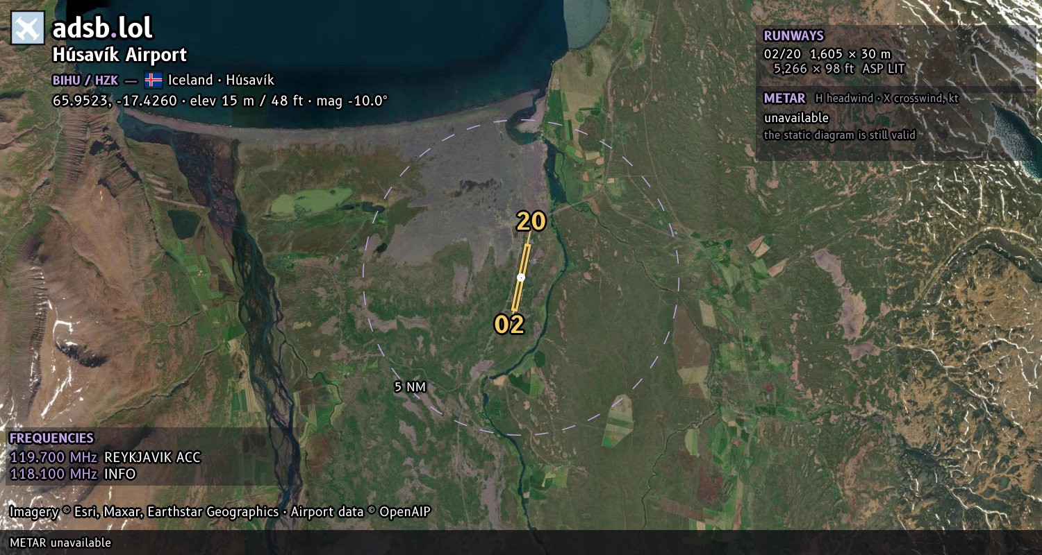 Satellite map with the runway layout of Húsavík Airport (BIHU)