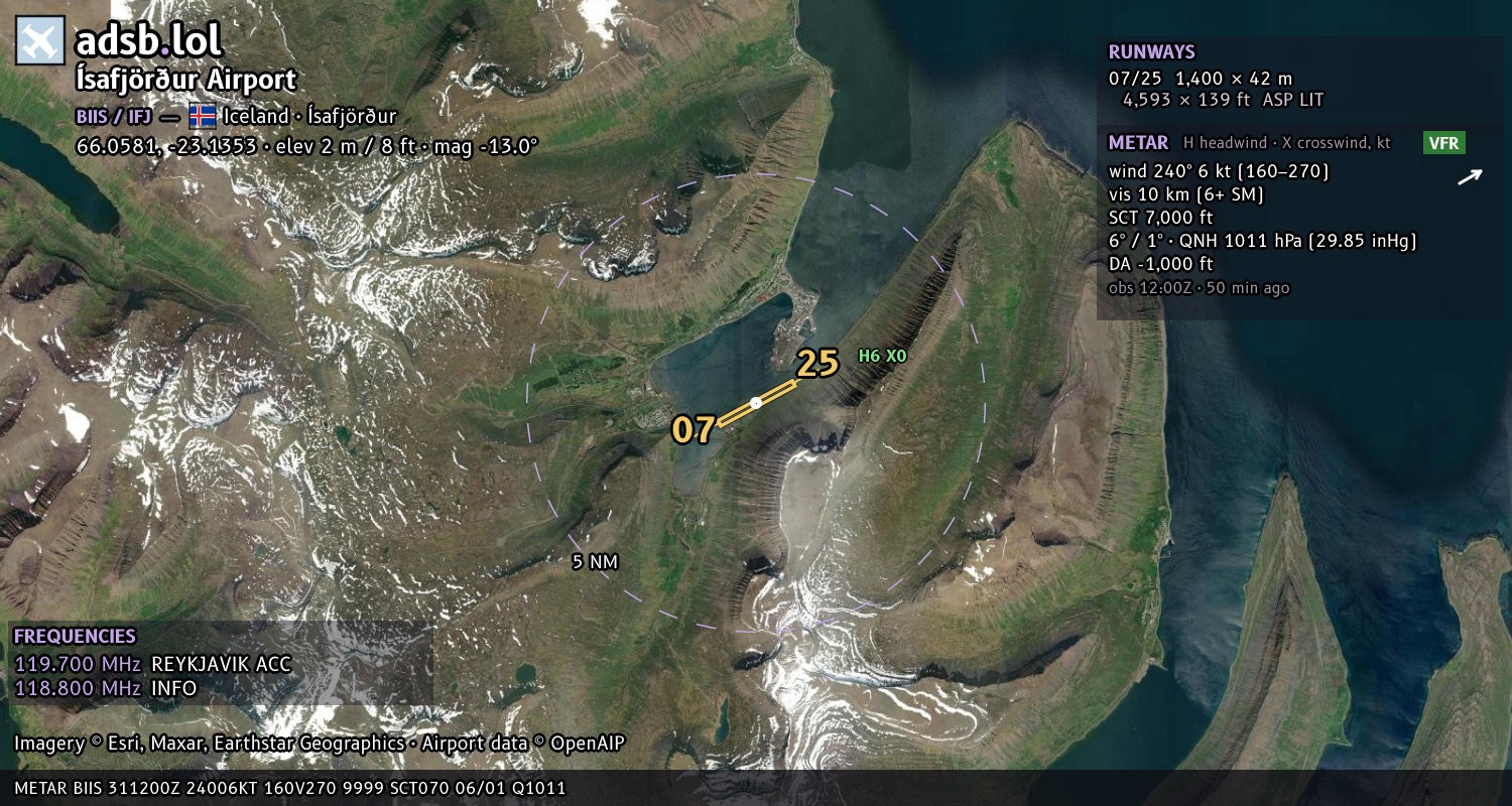 Satellite map with the runway layout of Ísafjörður Airport (BIIS)