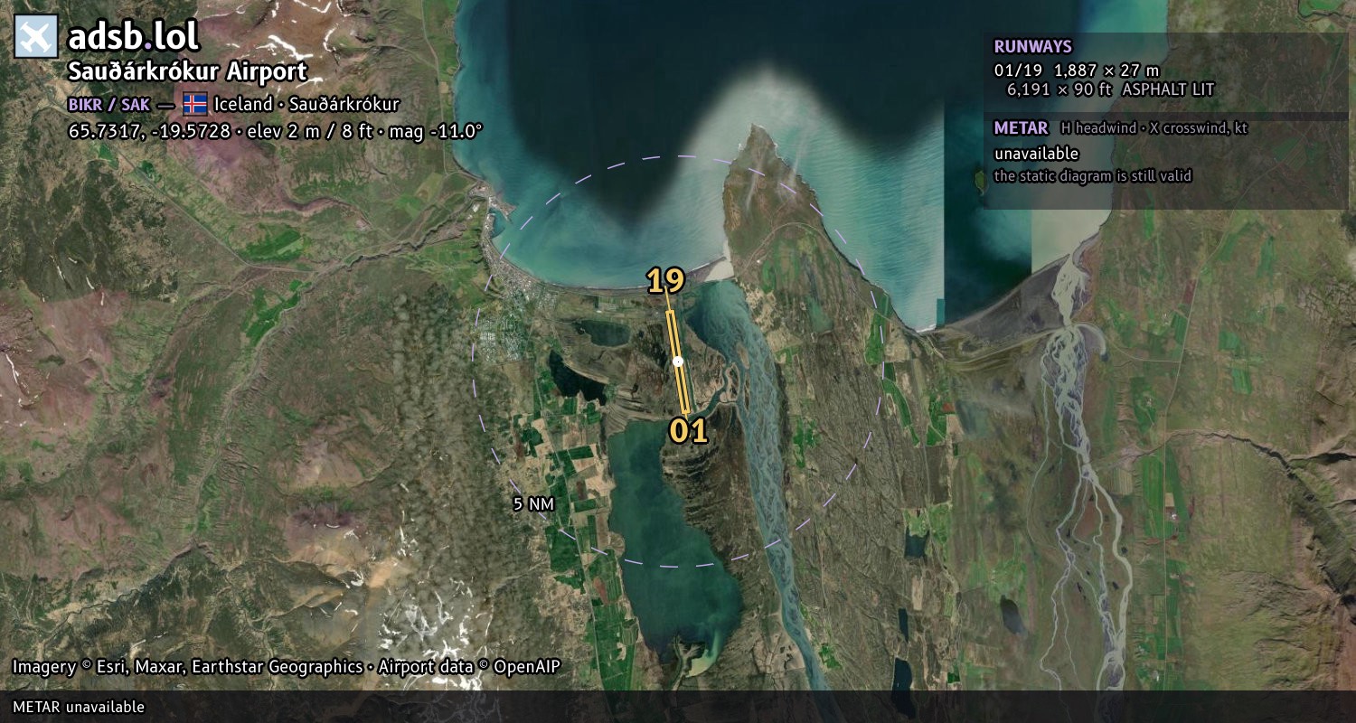 Satellite map with the runway layout of Sauðárkrókur Airport (BIKR)
