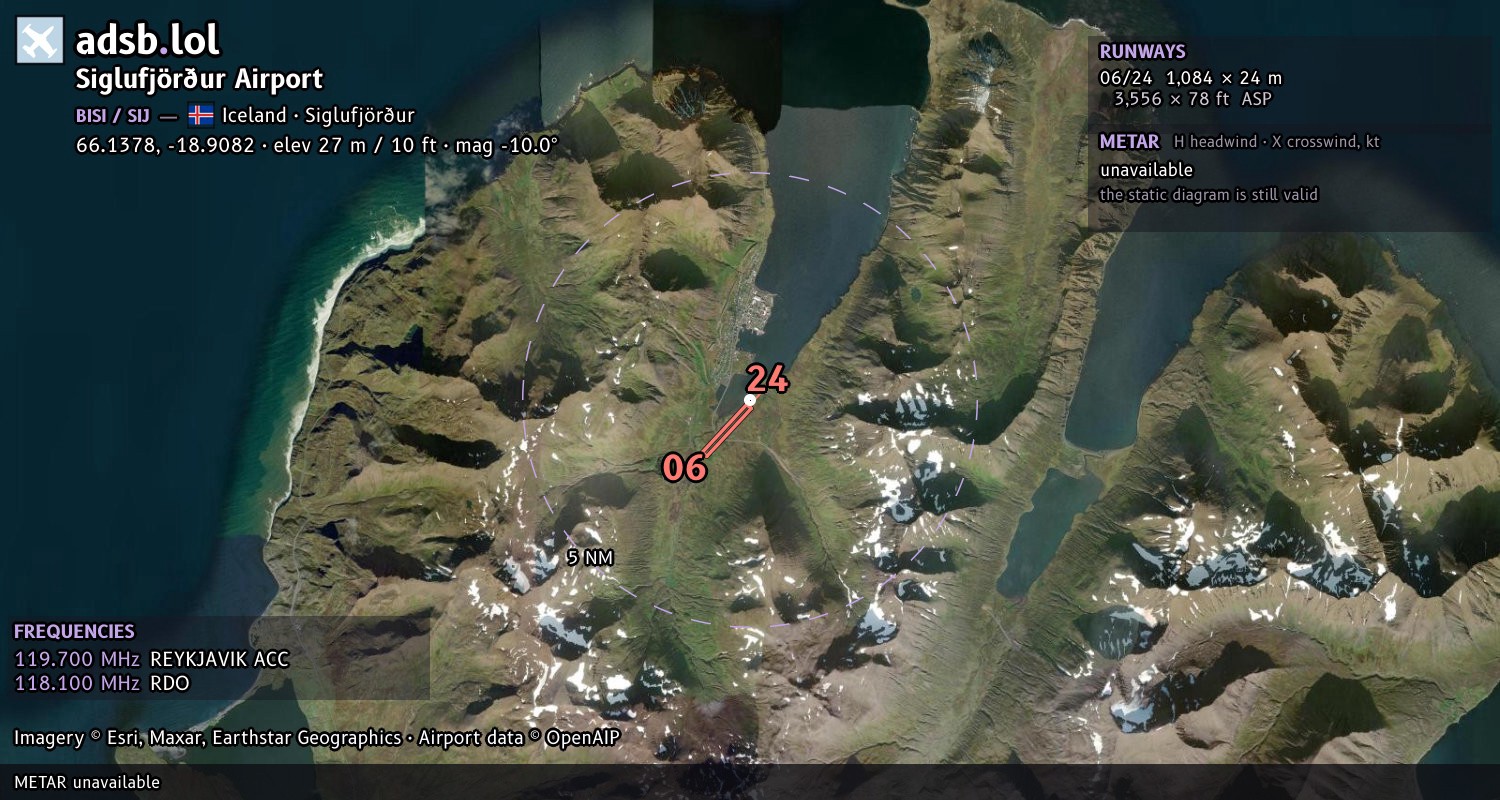 Satellite map with the runway layout of Siglufjörður Airport (BISI)
