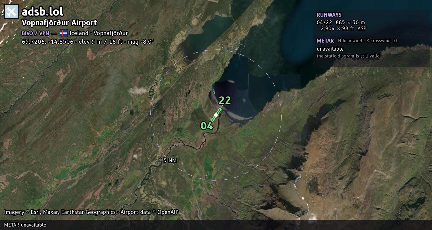 Satellite map with the runway layout of Vopnafjörður Airport (BIVO)