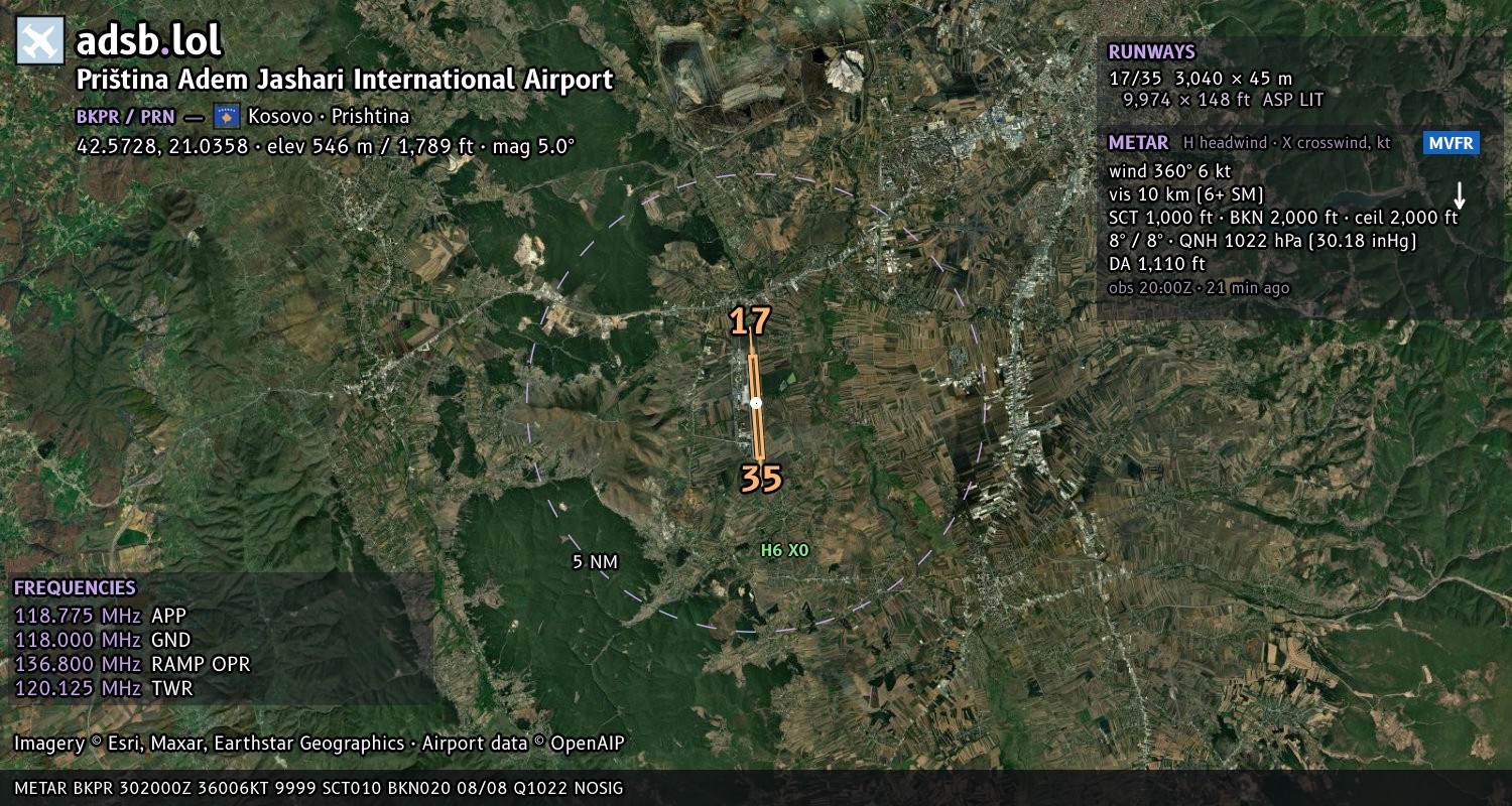 Satellite map with the runway layout of Priština Adem Jashari International Airport (BKPR)