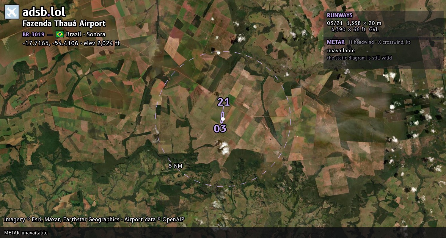 Satellite map with the runway layout of Fazenda Thauá Airport (BR-3019)
