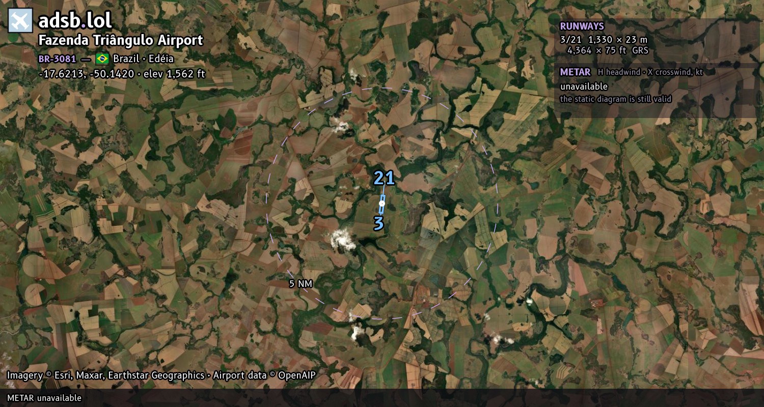Satellite map with the runway layout of Fazenda Triângulo Airport (BR-3081)