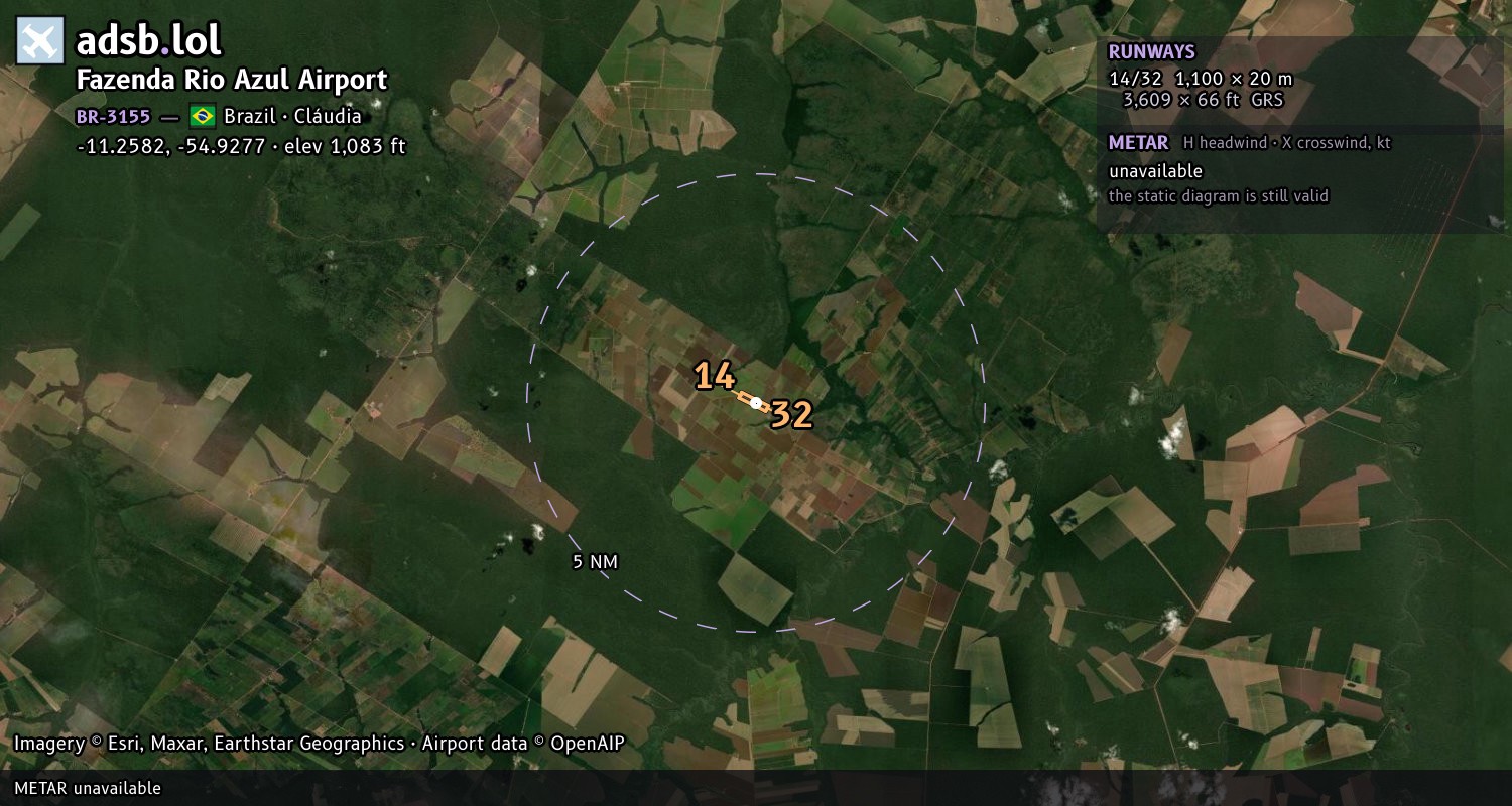 Satellite map with the runway layout of Fazenda Rio Azul Airport (BR-3155)