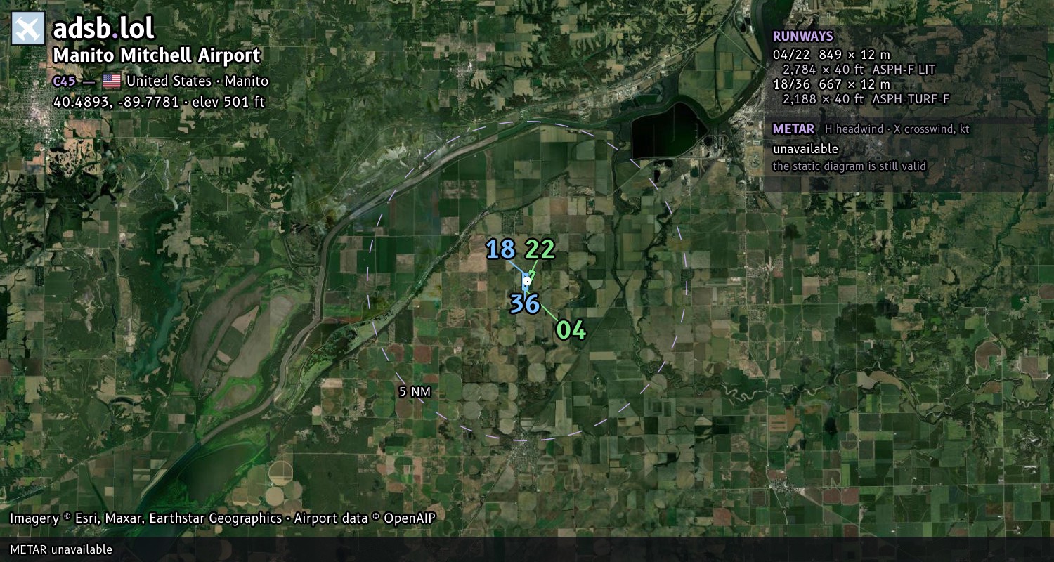 Satellite map with the runway layout of Manito Mitchell Airport (C45)