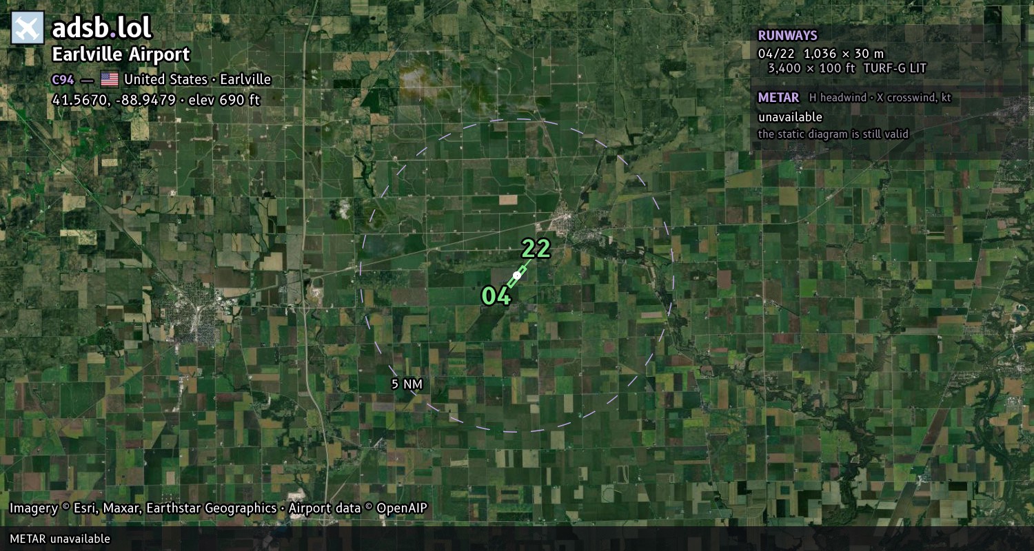Satellite map with the runway layout of Earlville Airport (C94)