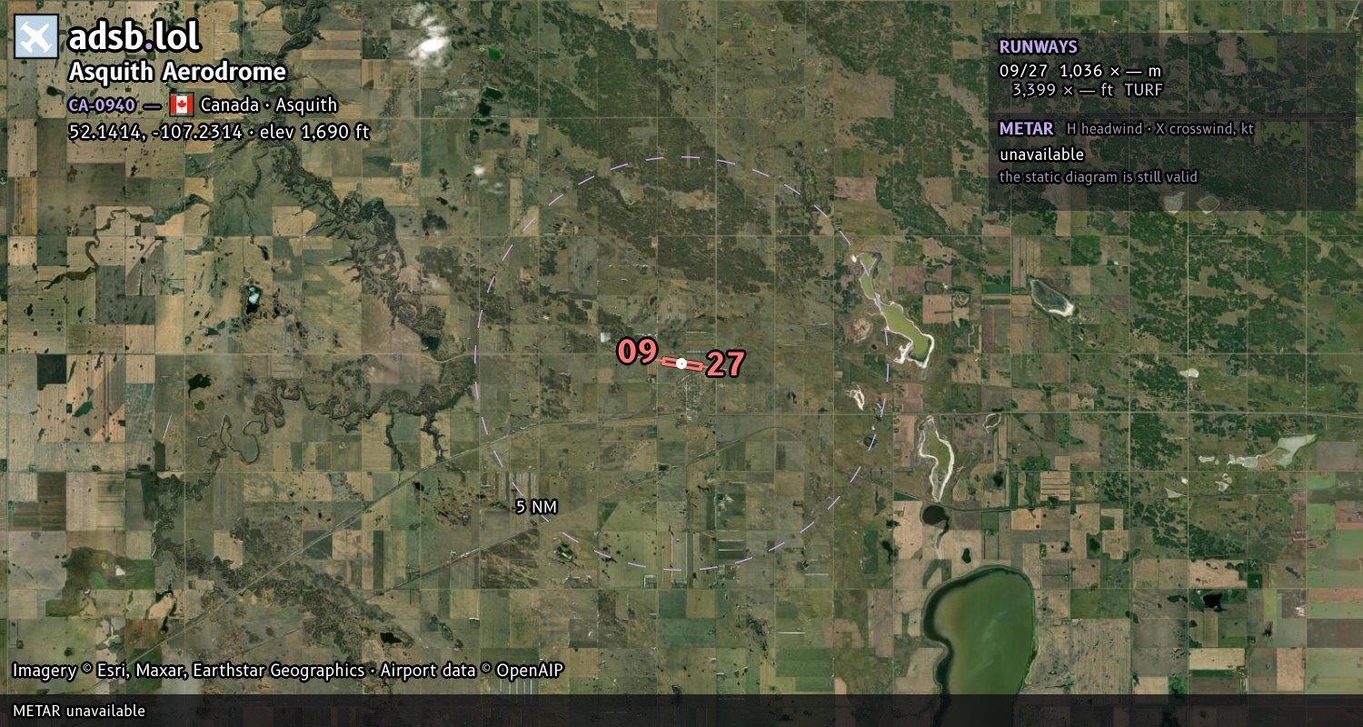 Satellite map with the runway layout of Asquith Aerodrome (CA-0940)