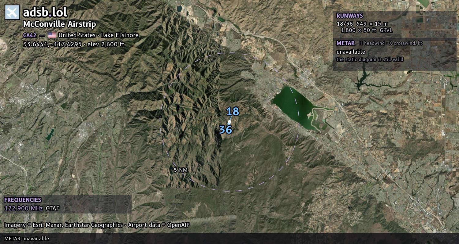 Satellite map with the runway layout of McConville Airstrip (CA42)