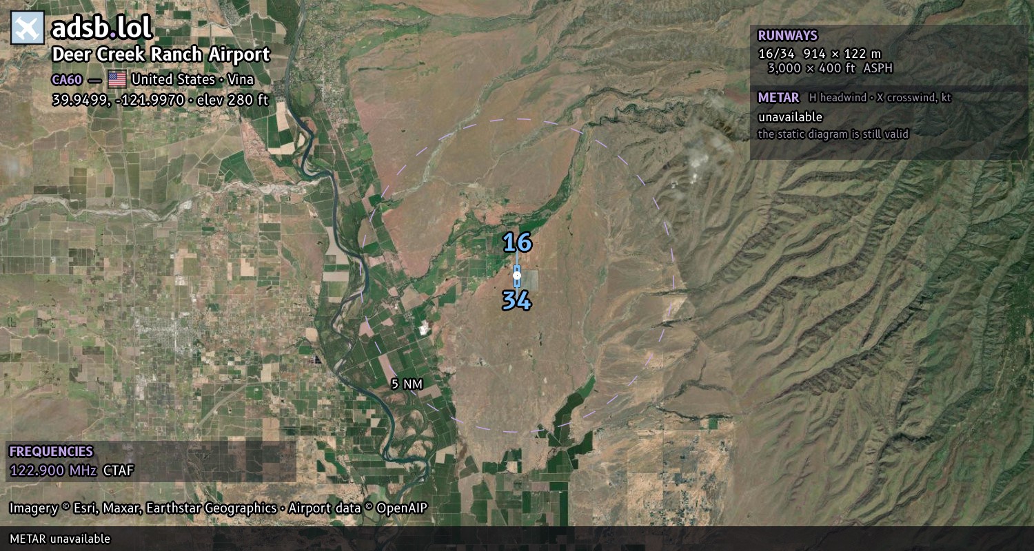 Satellite map with the runway layout of Deer Creek Ranch Airport (CA60)
