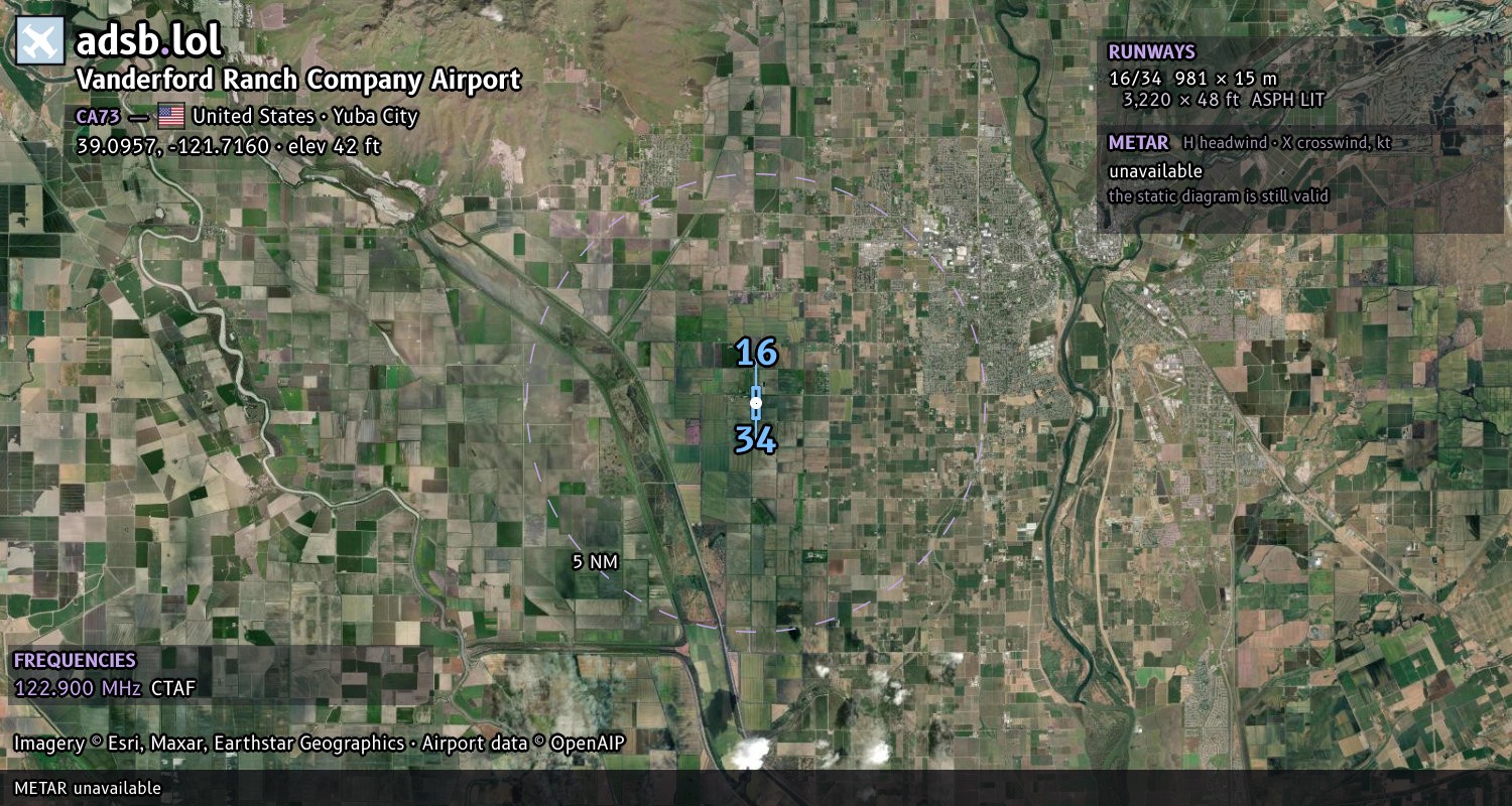 Satellite map with the runway layout of Vanderford Ranch Company Airport (CA73)