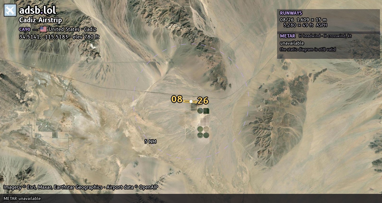 Satellite map with the runway layout of Cadiz Airstrip (CA90)