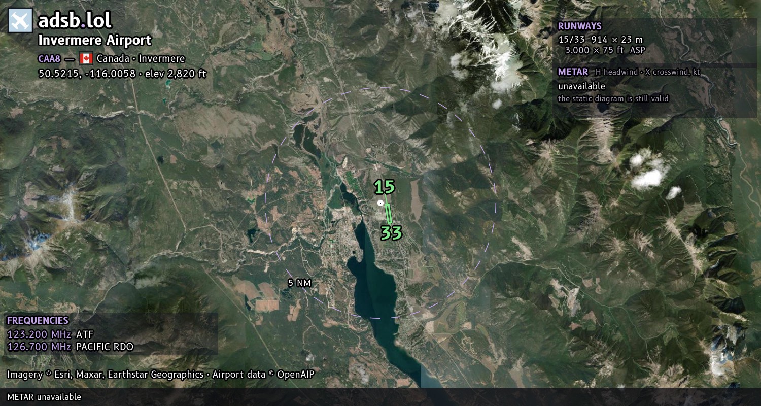 Satellite map with the runway layout of Invermere Airport (CAA8)
