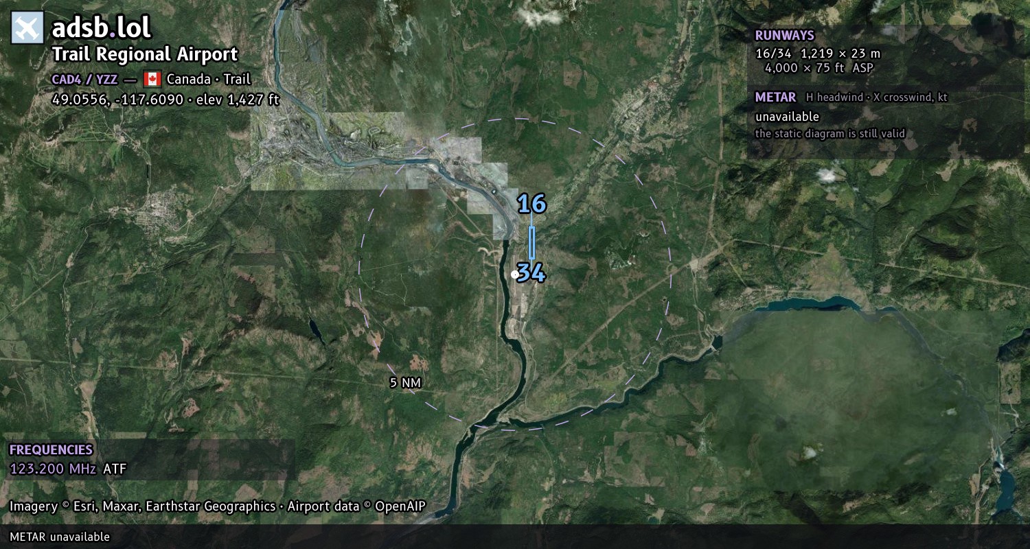 Satellite map with the runway layout of Trail Regional Airport (CAD4)