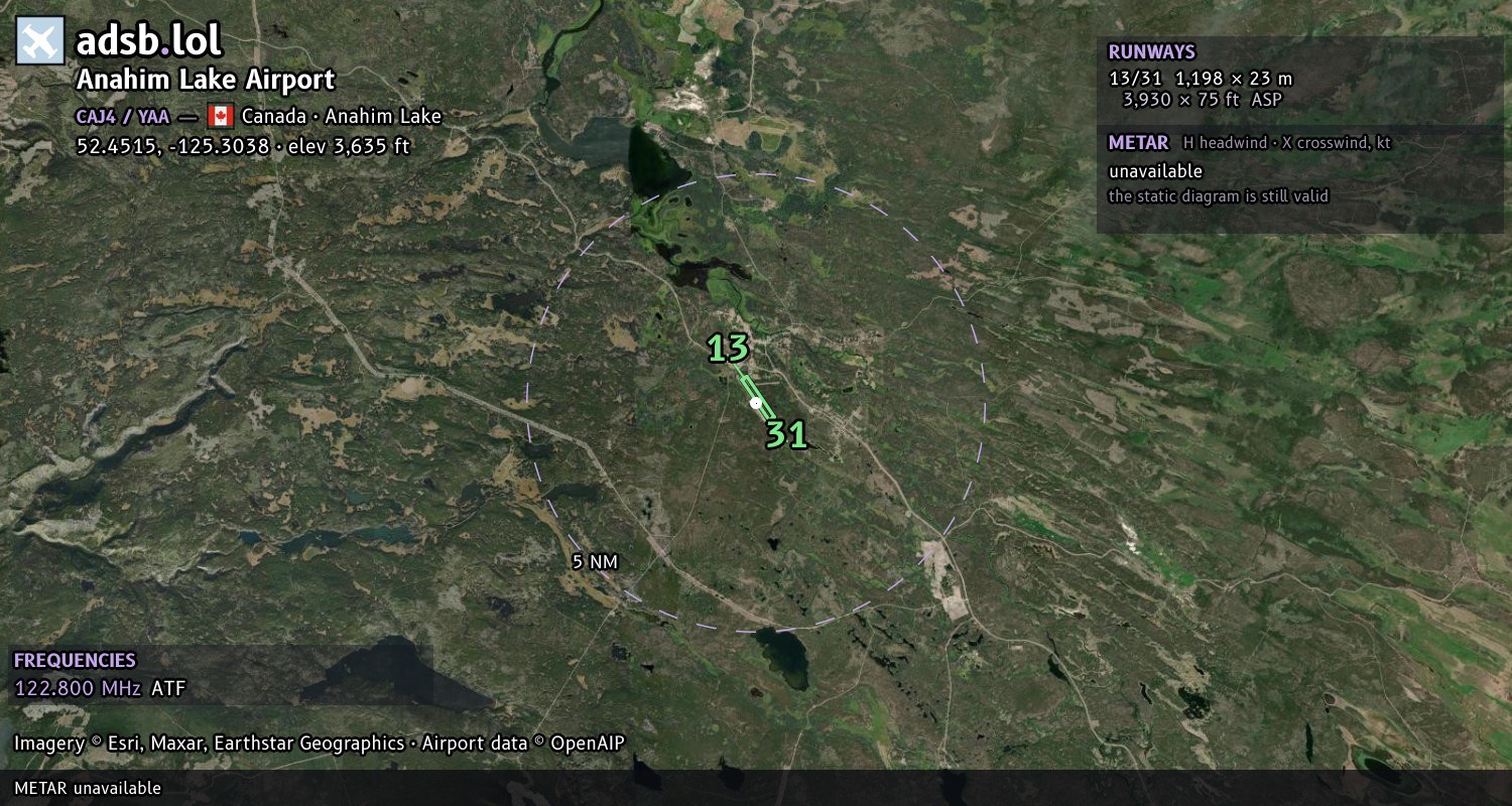 Satellite map with the runway layout of Anahim Lake Airport (CAJ4)