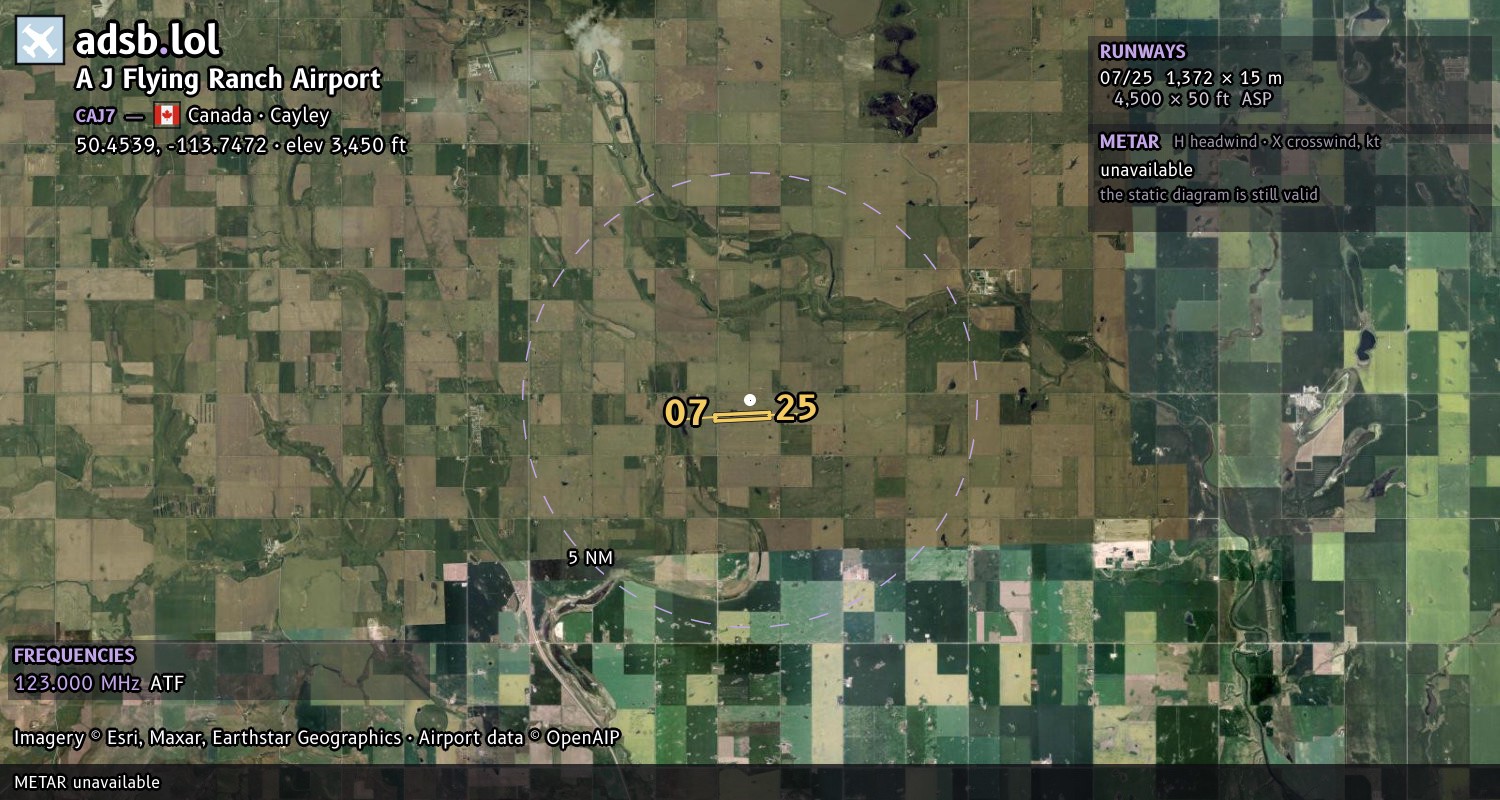 Satellite map with the runway layout of A J Flying Ranch Airport (CAJ7)