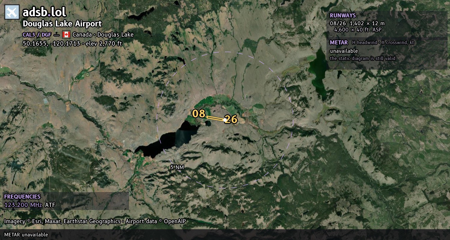 Satellite map with the runway layout of Douglas Lake Airport (CAL3)