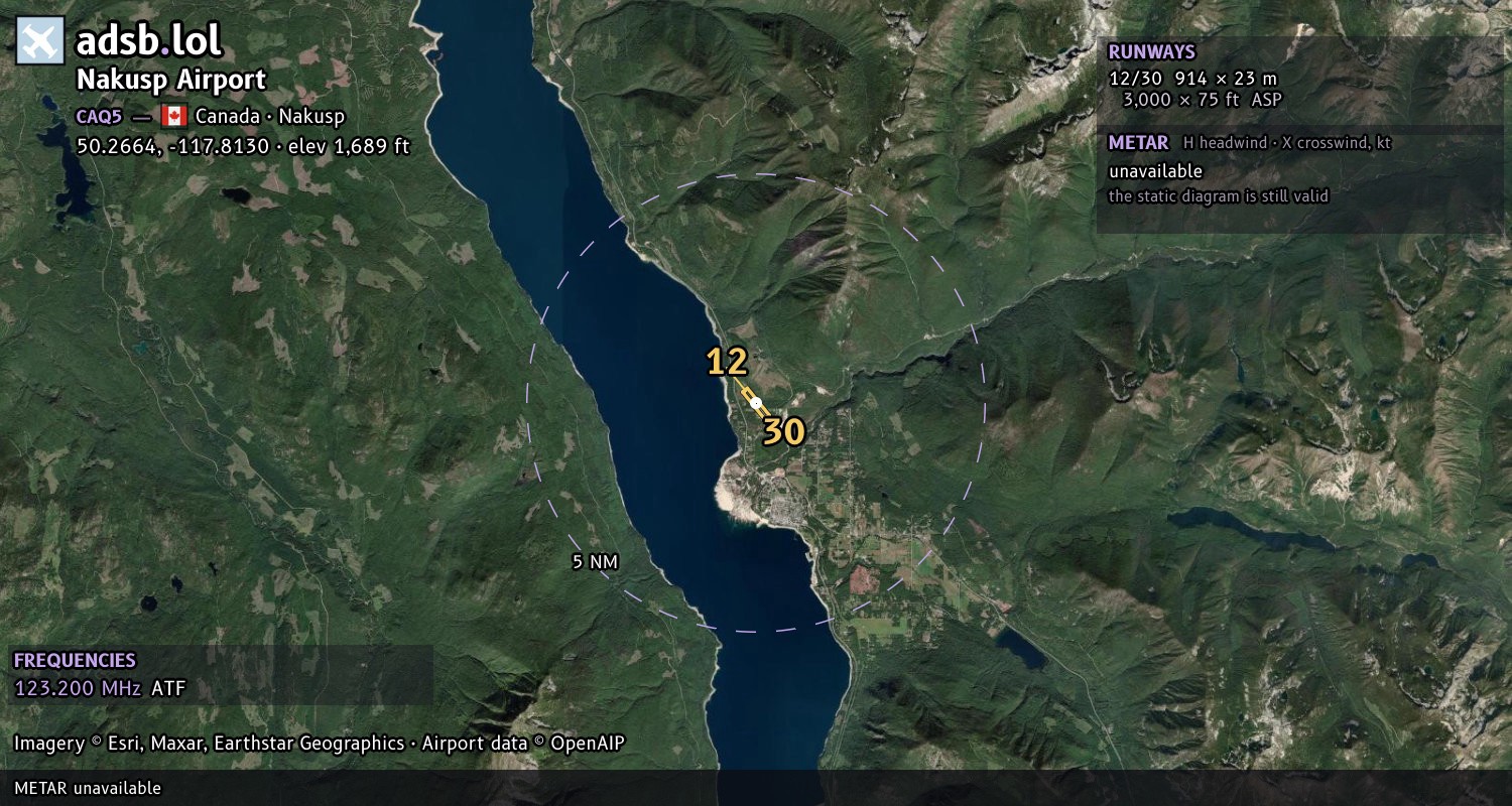 Satellite map with the runway layout of Nakusp Airport (CAQ5)