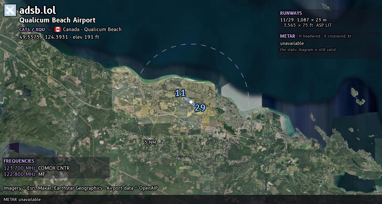 Satellite map with the runway layout of Qualicum Beach Airport (CAT4)