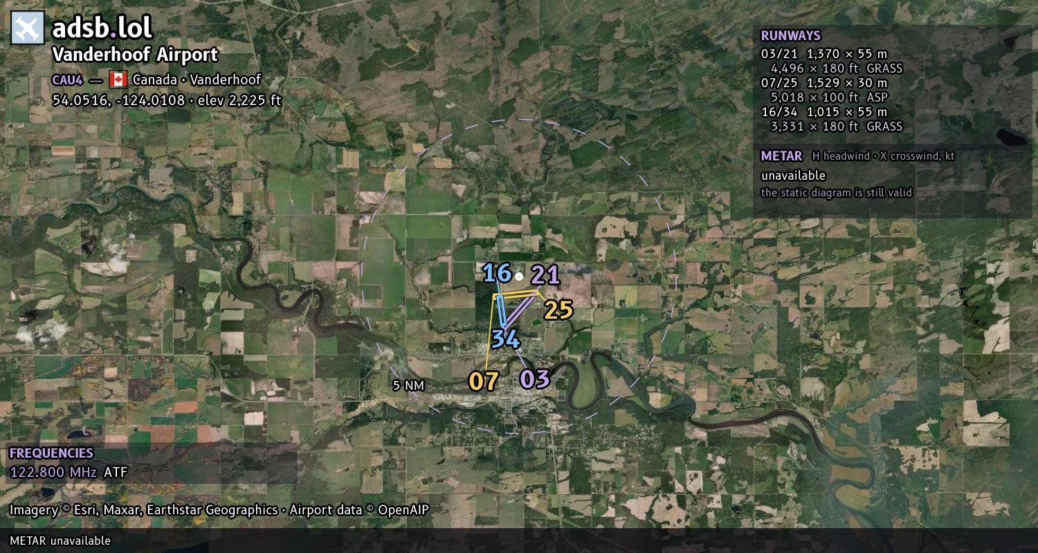 Satellite map with the runway layout of Vanderhoof Airport (CAU4)